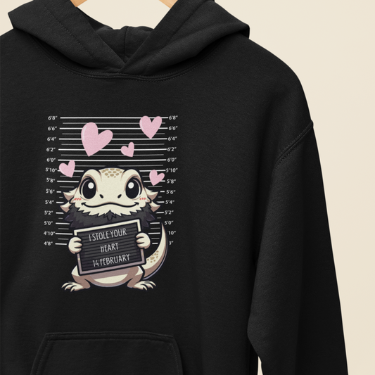 Bearded Dragon Valentine's Day Hooded Sweatshirt, Pet Reptile Hoodie, Stolen Hearts, Valentine's Gift, Gift for Her