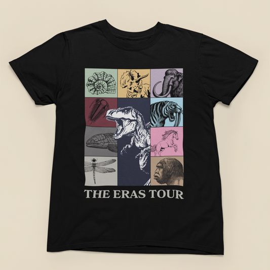 Geological Eras Tour Unisex Softstyle T-Shirt, Gift for Geologist Biologist Science Lover, Life Through Time Design, Dinosaur Tee