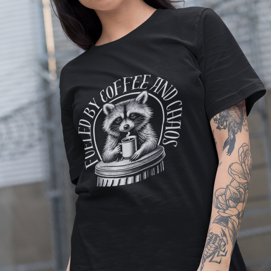 Raccoon Coffee T-Shirt, Fueled By Coffee And Chaos Shirt, Raccoon Lover Gift, Trash Panda Tee, Animal Graphic Shirt, Caffeine Shirt